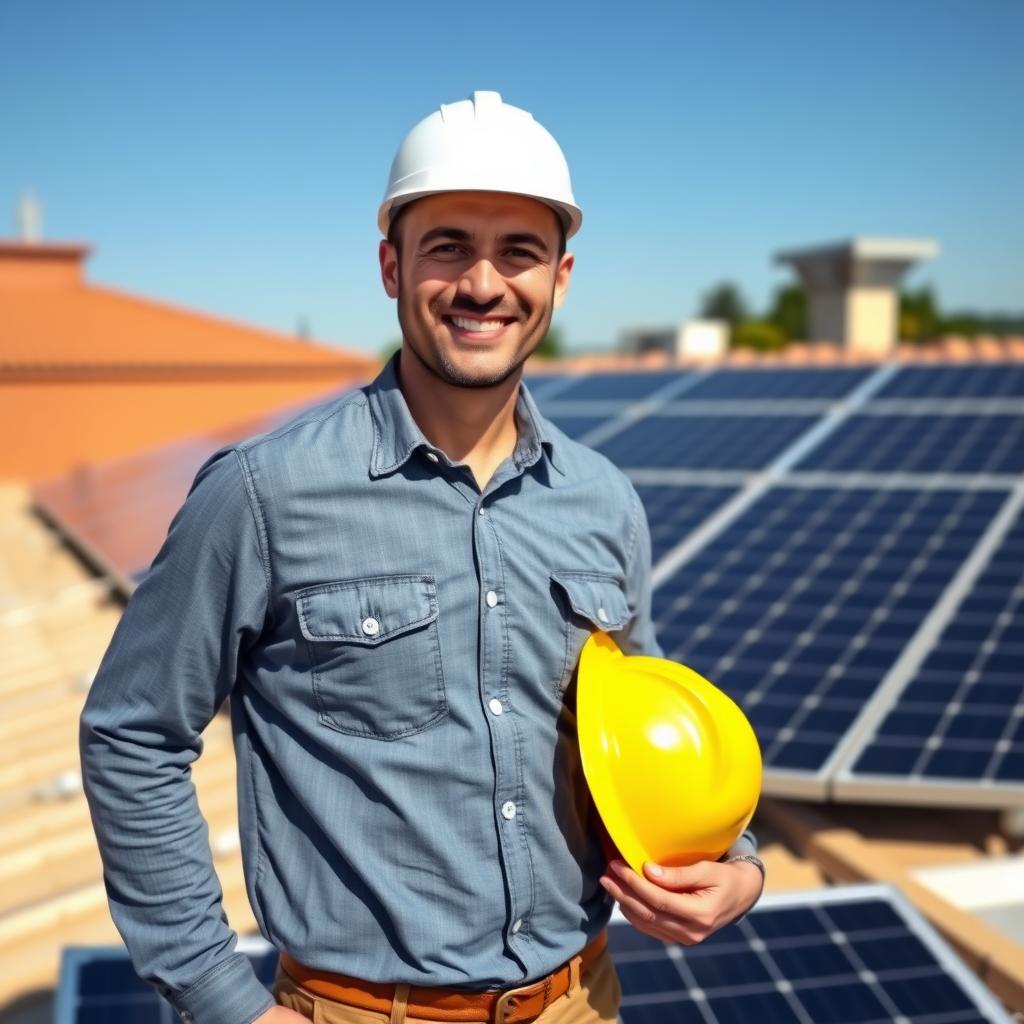 A solar contractor on a rooftop solar installation